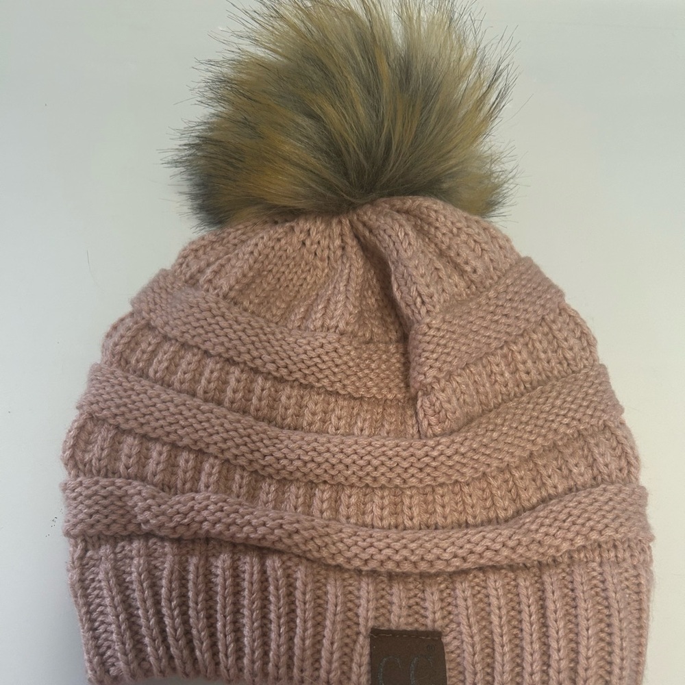 C.C Blush Knit Hat with Faux Fur Pom